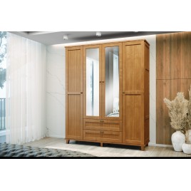 Guarda Roupa Solteiro Madeira 4 Portas de Abrir Ripadas 2 Gavetas 2 Espelhos 1,77m Bogotá Freijó