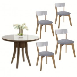 Conjunto de Mesa Redonda Madeira 1,00m Vidro Off White Sílvia com 4 Cadeiras Nise