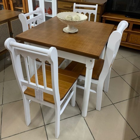 Conjunto de Mesa Verão Quadrada 0,80m Tampo de Madeira com 4 Cadeiras Ripadas Laca Branca/ Mel