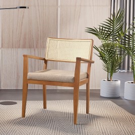 Poltrona com Bra&ccedil;o de Madeira Decorativa Encosto Palhinha K&aacute;tia Linho Bege