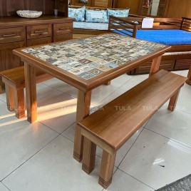 Conjunto de Mesa Madeira 1,54m Azulejo com 2 Bancos