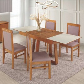 Conjunto de Mesa Dubai Base Estrela Extensível 0,90-1,30m Vidro Fendi com 4 Cadeiras Moscou