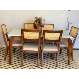 Conjunto de Mesa Premium 1,80m Tampo Laca Branca Vidro Branco com 6 Cadeiras Palhinha