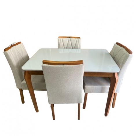 Conjunto de Mesa de Madeira Tampo Vidro Off White 1,20m Elegance 4 Pés Torneados com 4 Cadeiras Estofadas Linho Mel