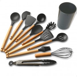 Kit Cozinha 12 peças Silicone Resistente Cabo de Madeira