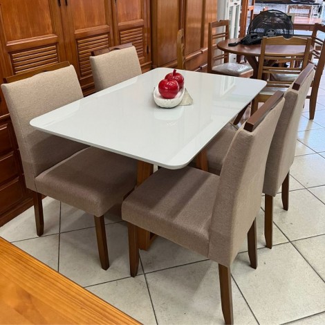 Conjunto de Mesa 1,20x0,80m Vidro Off White com 4 Cadeiras Estofadas Bali