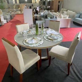 Conjunto de Mesa Redonda 1,20m vidro off white Atlanta com 4 cadeiras Madri Linho bege