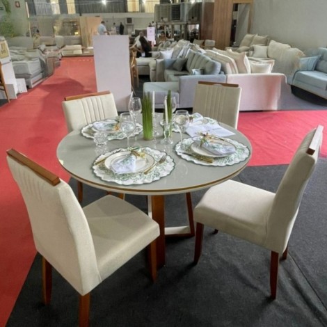 Conjunto de Mesa Redonda 1,20m vidro off white Atlanta com 4 cadeiras Madri Linho bege