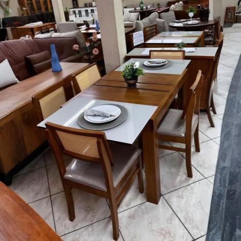 Conjunto de Mesa Londres Extensível 1,10-1,70m Vidro Fendi com 4 Cadeiras Palhinha Inglaterra