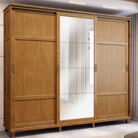 Guarda Roupa Casal Madeira 3 Portas Correr Com Espelho 2,42m Dublin Com Pés Imbuia