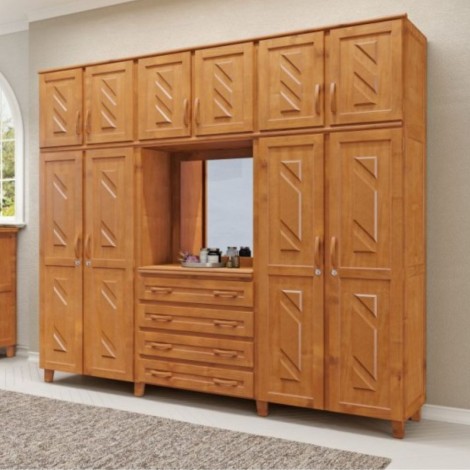 Guarda Roupa Casal Madeira Duplex 4 Portas Abrir com Cômoda Com Espelho Grécia 2,54m