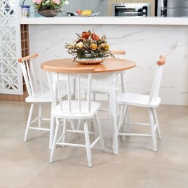 Conjunto de Mesa Redonda em Madeira Brisamar 0,90m com 4 Cadeiras Laca Branca/Mel