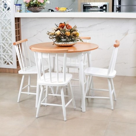 Conjunto de Mesa Redonda em Madeira Brisamar 0,90m com 4 Cadeiras Laca Branca/Mel