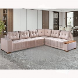 Conjunto de Sofá de Canto 7 Lugares Blumenau com Mesa de Apoio Linho Bege