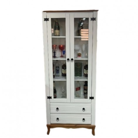 Cristaleira Clássica Madeira 2 Portas 2 Gavetas Marselha Branco/Amêndoa