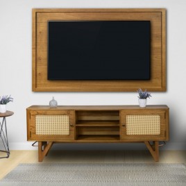 Rack com Painel para TV 65´ Madeira 2 Portas Com Palhinha com Detalhes em Metal 1,73m Nápoles Mel