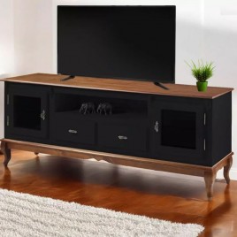 Rack Madeira 2 Portas de Vidro 2 Gavetas 2 Prateleiras Vidro 1,95m Luan Preto/Imbuia