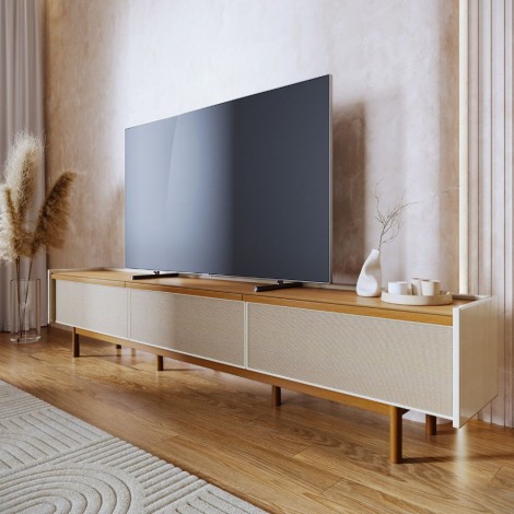 Rack com Painel Led com Prateleira para TV 65´ 3 Gavetas Tela Sling 1,80m Inglaterra Off White/Mel