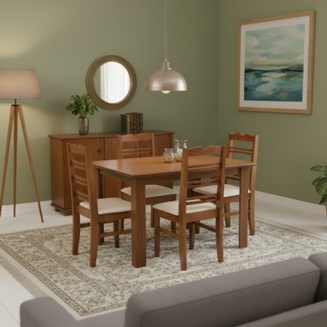 Combo Jantar Nair – Mesa Retangular Madeira 1,20m + 4 Cadeiras + Buffet 3 Portas