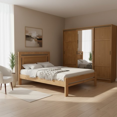 Combo Quarto Casal Dublin + Paris Freijó — Guarda-Roupa 2,42 m 3 Portas de Correr com Espelho + Cama Casal 1,40 m em Madeira