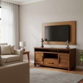 Kit Combo - Rack Madeira 1 Gaveta Fênix 1,33m Com Painel para TV até 50´ Imbuia Clara
