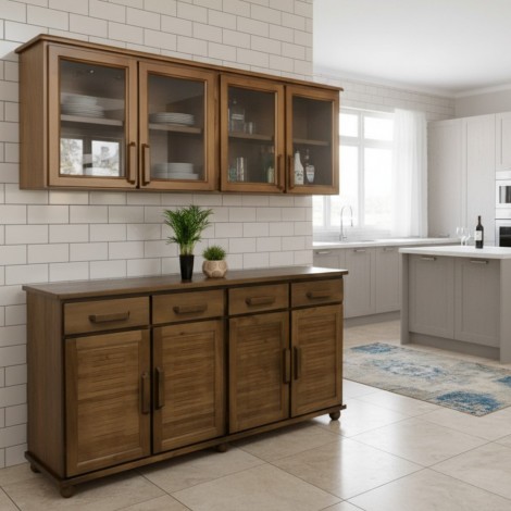 Balcão de Cozinha com Aéreo de Madeira 4 Porta de Vidro 4 Gavetas Milano 180m