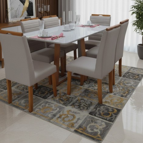 Conjunto de Mesa 1,60x0,80m Vidro Off White Base Cruz com 6 Cadeiras Estofadas Dalas
