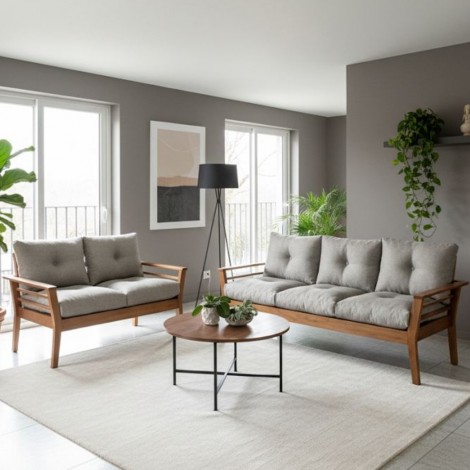 Conjunto Sofá 2 e 3 Lugares Madeira Realeza Almofadas Soltas Cinza Mel