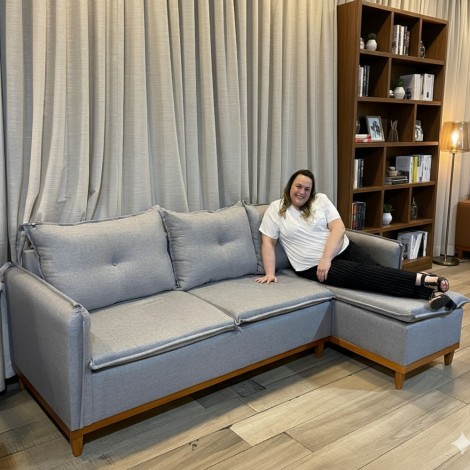 Sofá Living com Chaise 4 Lugares 2,40m Braço Slim Universal Linho Cinza