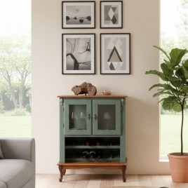 Adega de Madeira Baixa 2 Portas de Vidro Lateral Garrafeiro 0,80m Mariana Laca Verde/Imbuia