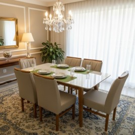 Conjunto de Mesa 1,60x0,90m Elegance Tampo Vidro Off White com 6 Cadeiras Ana Linho Bege