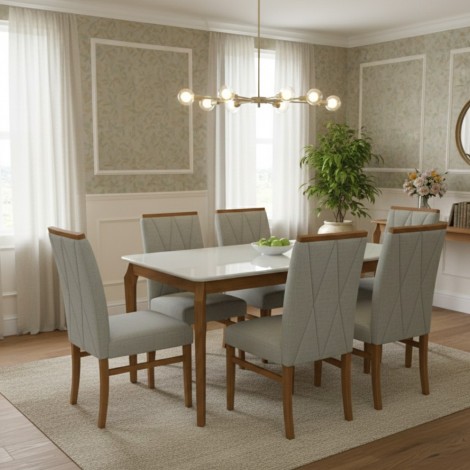 Conjunto de Mesa 1,60x0,90m Alegre Tampo Vidro Off White com 6 Cadeiras Ana Linho Bege