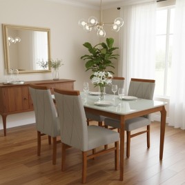 Conjunto de Mesa de Madeira Tampo Vidro Off White 1,20m Alegre 4 Pés Torneados com 4 Cadeiras Estofadas Linho Mel