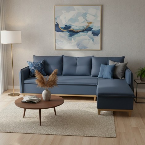 Sofá Living com Chaise 4 Lugares 2,40m Braço Slim Universal Linho Azul
