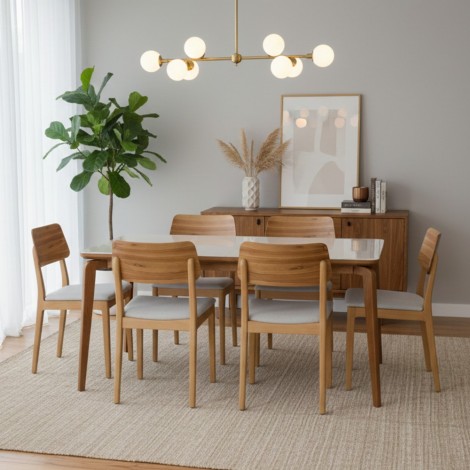 Conjunto de Mesa 1,60x0,80m Vidro Off White Venezuela com 6 Cadeiras Instambul Mel