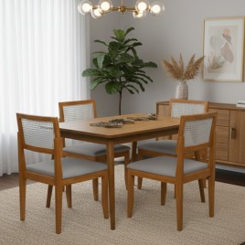 Conjunto de Mesa 1,20x0,80m Tampo Madeira Venezuela com 4 CadeirasPalhinha Santorini Mel