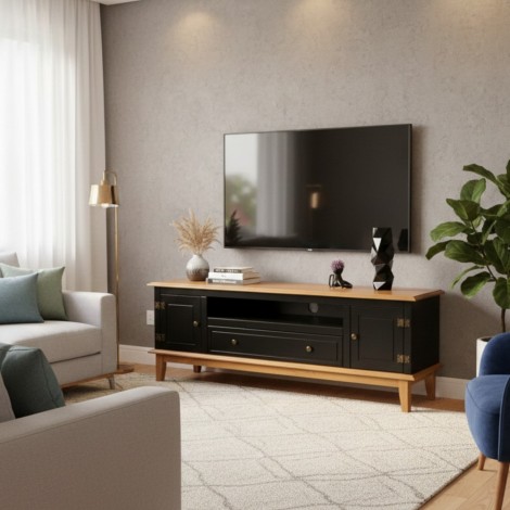 Rack Madeira 2 Portas 1 Gaveta Dinamarca 1,60m Laca Preta/Amêndoa