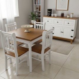 Conjunto de Mesa Verão Quadrada 0,80m Tampo de Madeira com 4 Cadeiras Ripadas Laca Branca/ Mel