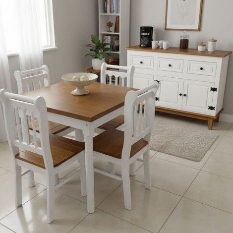 Conjunto de Mesa Verão Quadrada 0,80m Tampo de Madeira com 4 Cadeiras Ripadas Laca Branca/ Mel