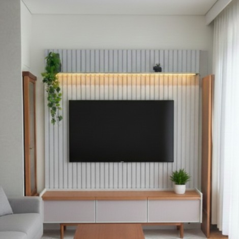 Rack com Painel Led com Prateleira para TV 65´ 3 Gavetas Tela Sling 1,80m Inglaterra Off White/Mel