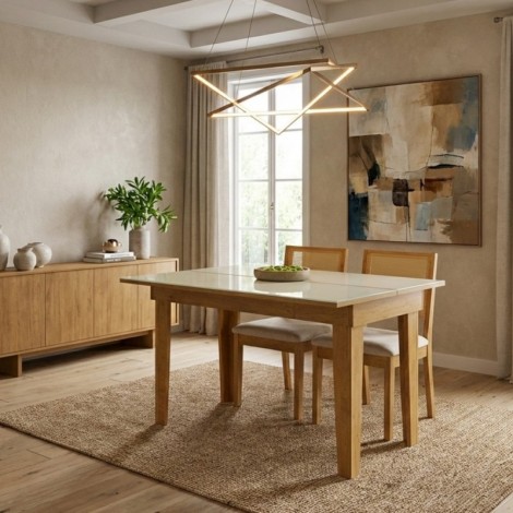 Conjunto de Mesa Aparador Top Madeira Extensível Vidro Off White 1,10m com 2 Cadeiras Sílvia Telinha