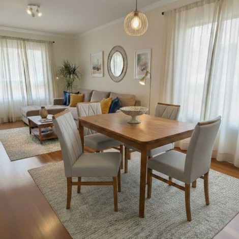 Conjunto Mesa de Madeira 1,20m Alegre com 4 Cadeiras Estofadas Linho Mel