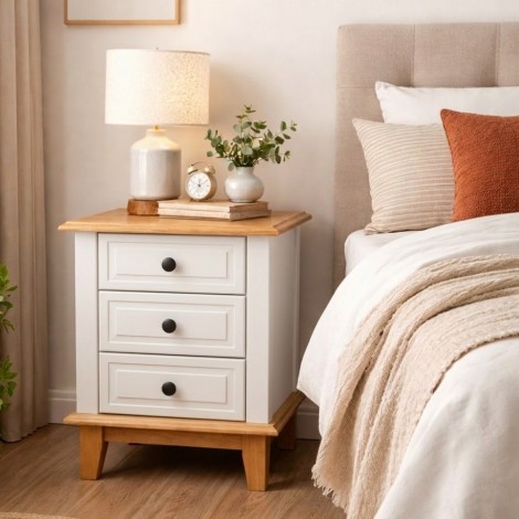 Mesa de Cabeceira Madeira 3 Gavetas Laca Branca 0,42m Dinamarca