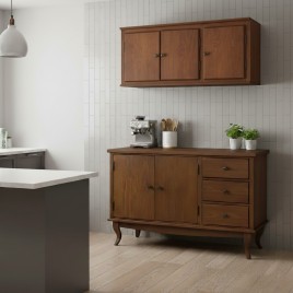 Balc&atilde;o de Cozinha Madeira 2 Portas 3 Gavetas 1,20m com Arm&aacute;rio A&eacute;reo Clean Imbuia