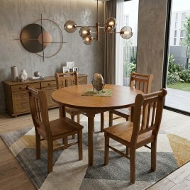 Conjunto de Mesa Redonda 1,10m Madeira Ver&atilde;o com 4 Cadeiras RipadasMel