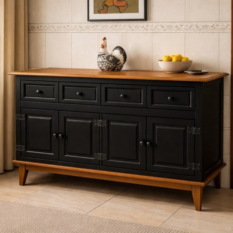 Balcão de Madeira 4 Portas 4 Gavetas 1,42m Dinamarca LacaPreta/Amêndoa