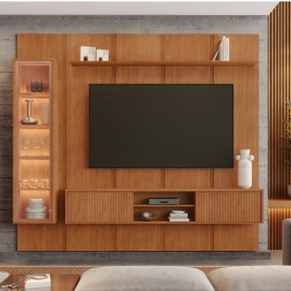 Rack Suspenso Mal&aacute;sia 1,80m com Painel 2,31m + Cristaleira 0,37m em Madeira Cor Mel