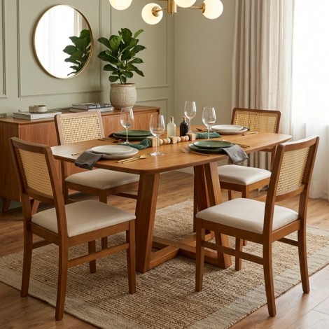 Conjunto de Mesa 1,35x0,90m Tampo Madeira Oval Instambul com 4 Cadeiras Palhinha Mara Mel