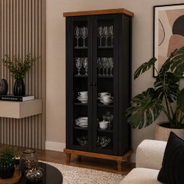 Cristaleira Madeira 2 Portas 0,71m Dinamarca Preto/Am&ecirc;ndoa