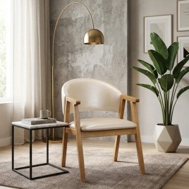 Poltrona com Bra&ccedil;o de Madeira Decorativa Encosto Corino Bege Solange